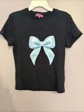 Edikted Black Short Sleeve Tee with Light Blue Bow Graphic